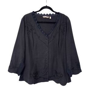 Soft Surroundings Womens Cotton Button Front Blouse 1X Black Scallop Hem Casual